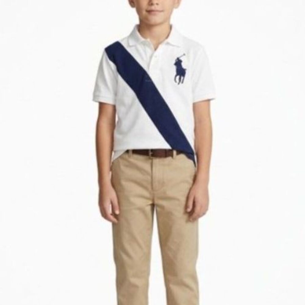 Polo Ralph Lauren Boy's White Navy Diagonal Stripe Big Pony SS Rugby Shirt Sz M